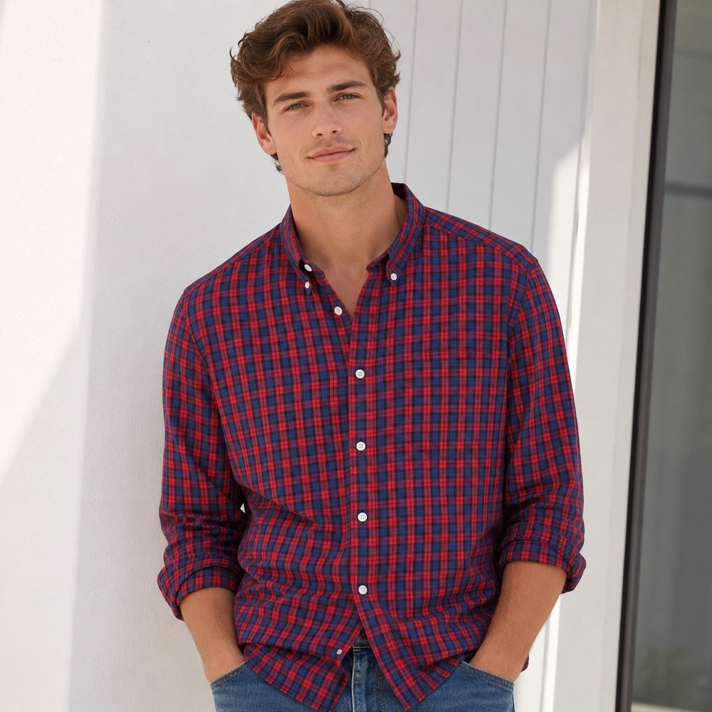 American Eagle Button Up Shirt Red Blue Plaid Cotton Casual Large